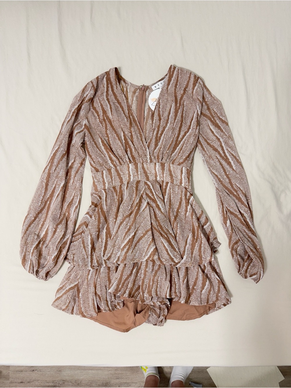 HYFVE Taupe & Cream Tiered V-Neck Long Sleeve Romper